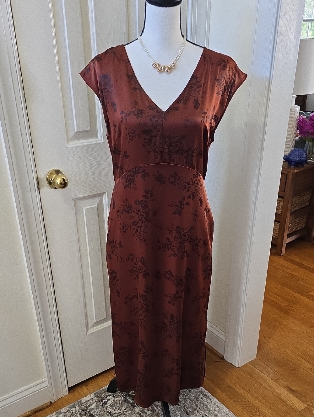 A.N.A BRAND WOMEN'S BROWN AND BLACK SLEEVELESS LONG FLORAL DRESS SIZE LARGE